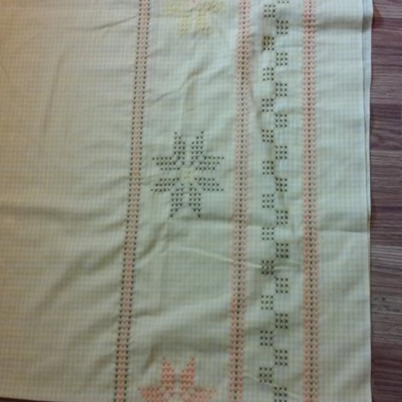 Vintage Embroidered Tablecloth Light Yellow 44" x 94" with Orange Brown Yellow - Picture 3 of 6